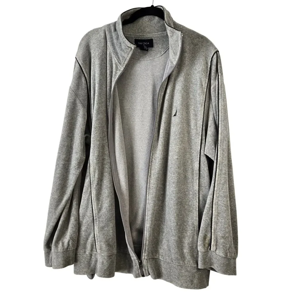90s‑Vibe Nautica Grey Fleece Zip‑Up Loungewear Jacket Black Piping Size Large